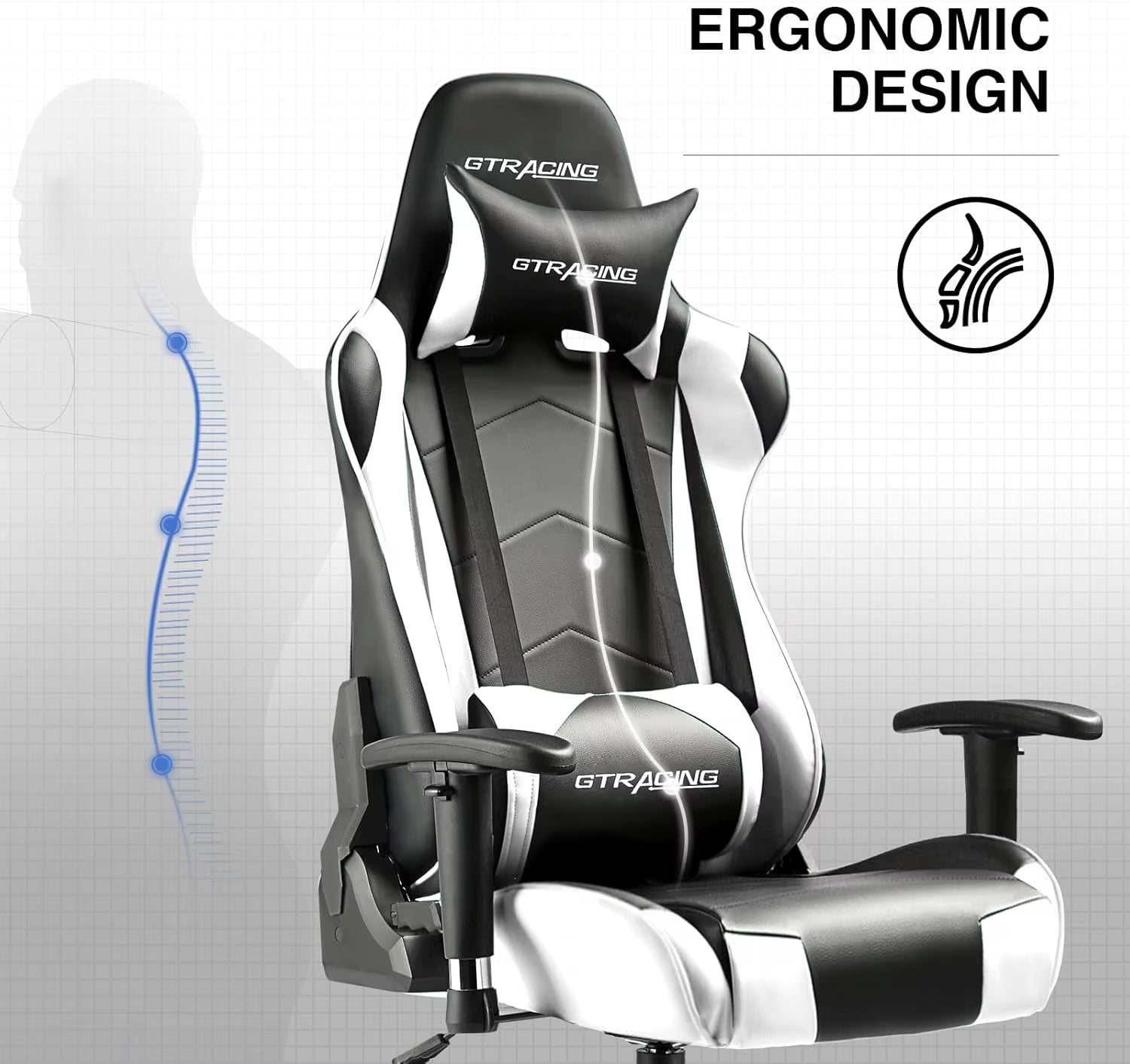 Gaming Chair, Ergonomic Recliner with Adjustable Backrest, Height, Headrest & Lumbar Support, Swivel Esports Chair (White)