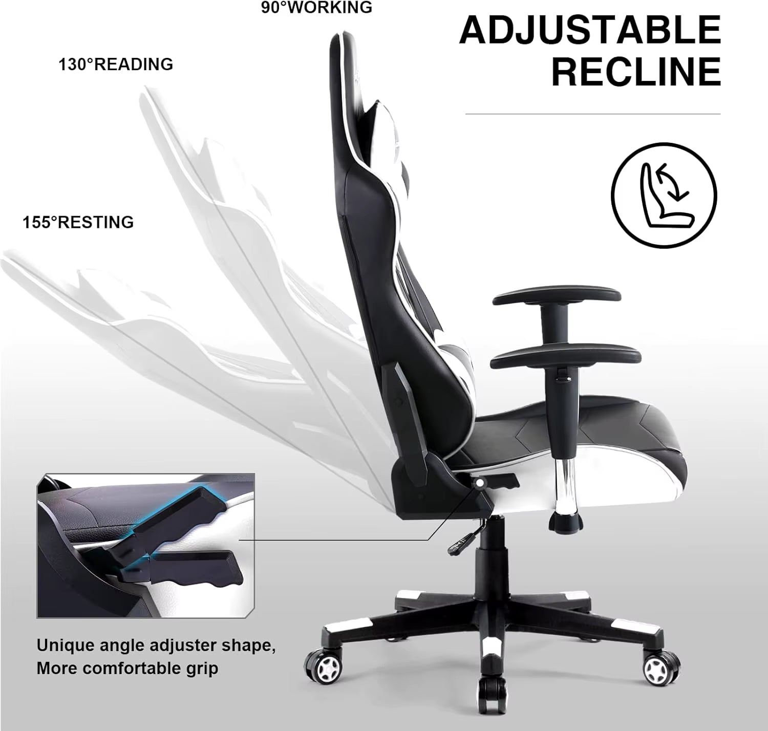 Gaming Chair, Ergonomic Recliner with Adjustable Backrest, Height, Headrest & Lumbar Support, Swivel Esports Chair (White)