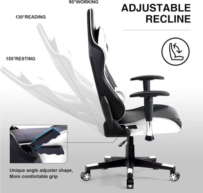 Gaming Chair, Ergonomic Recliner with Adjustable Backrest, Height, Headrest & Lumbar Support, Swivel Esports Chair (White)
