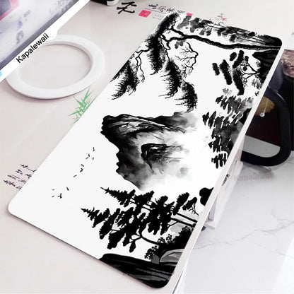 Black and White Laptop Gamer Mousepad Gaming Mouse Pad Ink and Wash Large Rug Locking Edge Keyboard 100X50Cm Desk Mat for CSGO