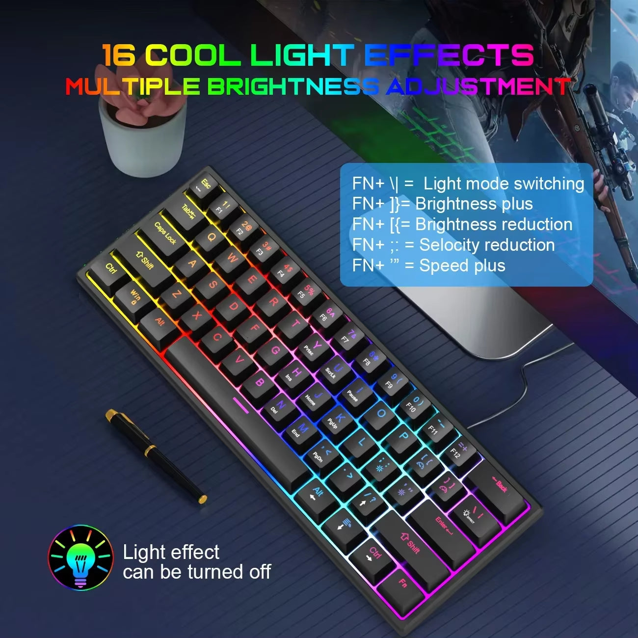 61Key Mini Mechanical Keyboard Wired Gamer Keyboard Switch Backlit Cyan Axis Keycaps Keyboard Ergonomic Keyboard for PC Laptop