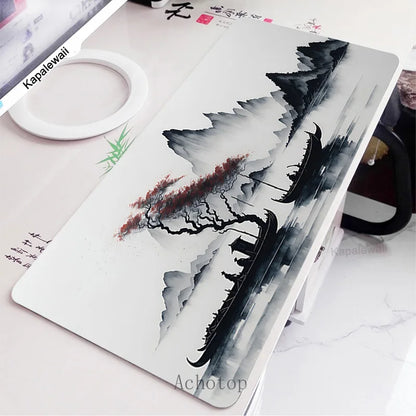 Black and White Laptop Gamer Mousepad Gaming Mouse Pad Ink and Wash Large Rug Locking Edge Keyboard 100X50Cm Desk Mat for CSGO