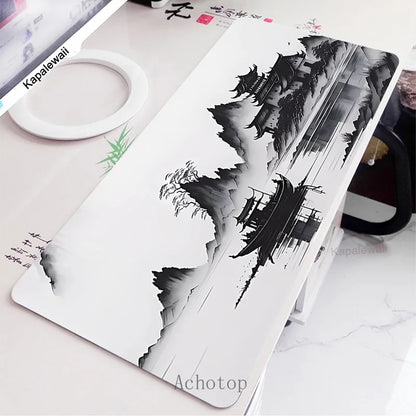 Black and White Laptop Gamer Mousepad Gaming Mouse Pad Ink and Wash Large Rug Locking Edge Keyboard 100X50Cm Desk Mat for CSGO