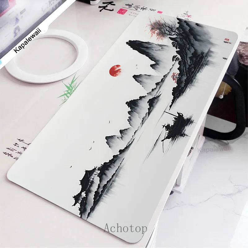 Black and White Laptop Gamer Mousepad Gaming Mouse Pad Ink and Wash Large Rug Locking Edge Keyboard 100X50Cm Desk Mat for CSGO